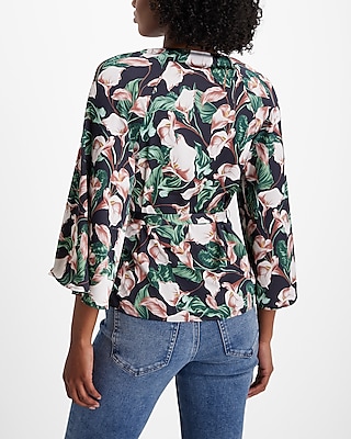 Floral V-Neck Kimono Sleeve Surplice Tie Waist Top