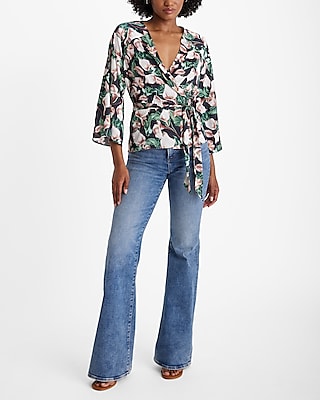 Floral V-Neck Kimono Sleeve Surplice Tie Waist Top