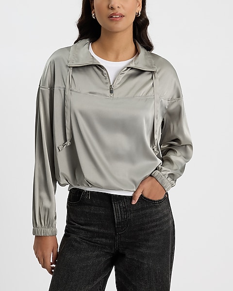 Satin Quarter Zip Drawstring Pullover Top | Express Satin Quarter Zip Drawstring Pullover Top | Express