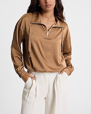 Satin Quarter Zip Drawstring Pullover Top