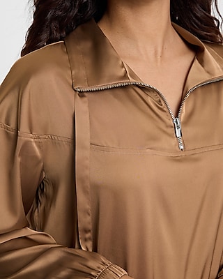 Satin Quarter Zip Drawstring Pullover Top