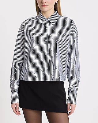 Embellished Striped Cropped Boyfriend Portofino Shirt