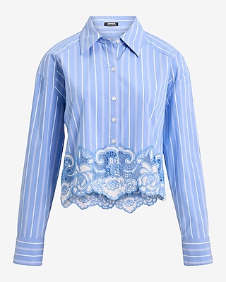 Embroidered Lace Striped Cropped Boyfriend Portofino Shirt