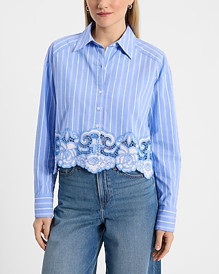 Embroidered Lace Striped Cropped Boyfriend Portofino Shirt