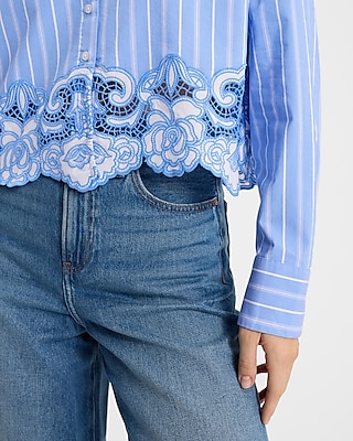 Embroidered Lace Striped Cropped Boyfriend Portofino Shirt