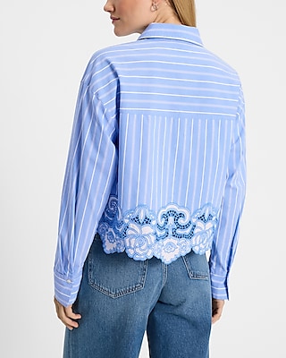 Embroidered Lace Striped Cropped Boyfriend Portofino Shirt