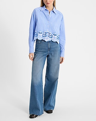 Embroidered Lace Striped Cropped Boyfriend Portofino Shirt