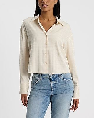 Plaid Satin Jacquard Cropped Boyfriend Portofino Shirt