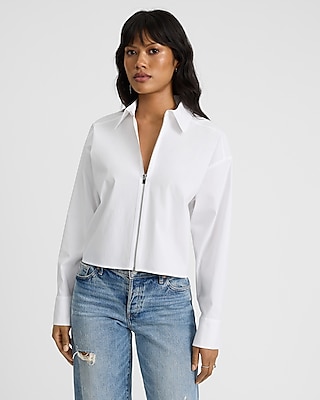 Stretch Cotton Poplin Zip Front Cropped Shirt