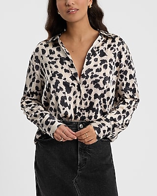 Satin Blurred Leopard Print Boyfriend Portofino Shirt