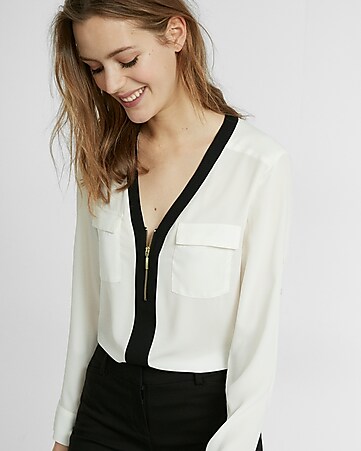  Piped Long Sleeve Zip Front Blouse Express