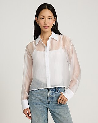 Sheer Striped Cropped Boyfriend Portofino Shirt
