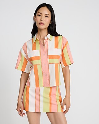Striped Linen-Blend Cropped Boyfriend Portofino Shirt