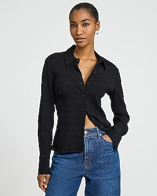 fitted slim fit dress shirts Button Up Women's Tall Shirt in Black 10 / Tall / Black Elevate your style with premium mens fitted dress shirt Express Plus Size Women's Textured
