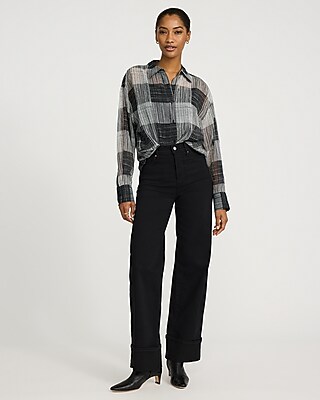 Crinkle Chiffon Plaid Boyfriend Shirt