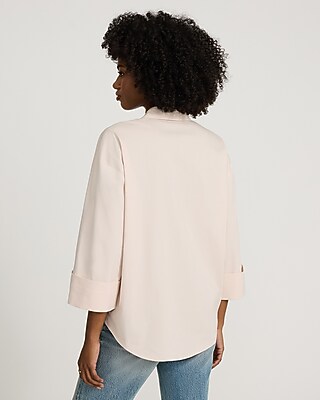 Stretch Cotton Poplin Collared Wide Cuff Button Down Shirt