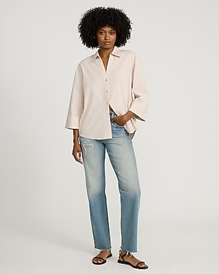 Stretch Cotton Poplin Collared Wide Cuff Button Down Shirt