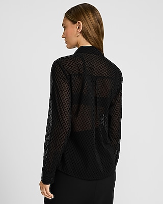 Sheer Textured Diamond Print Portofino Shirt