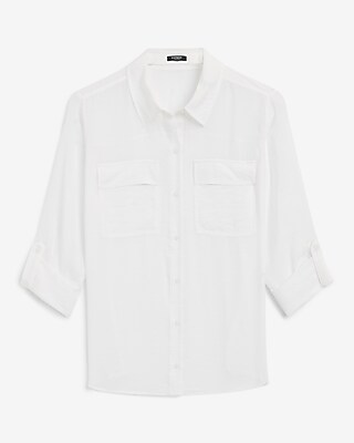 Crinkled Rayon Voile Rolled Sleeve Utility Portofino Shirt