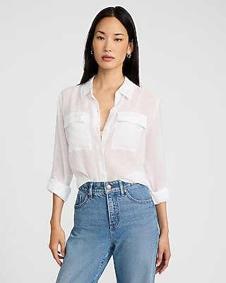 Crinkled Rayon Voile Rolled Sleeve Utility Portofino Shirt