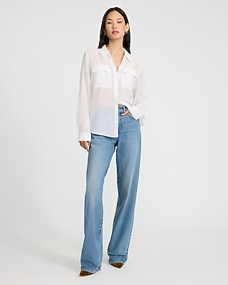 Crinkled Rayon Voile Rolled Sleeve Utility Portofino Shirt
