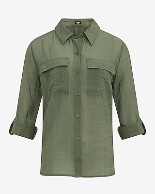 Crinkled Rayon Voile Rolled Sleeve Utility Portofino Shirt