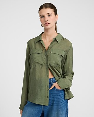 Crinkled Rayon Voile Rolled Sleeve Utility Portofino Shirt