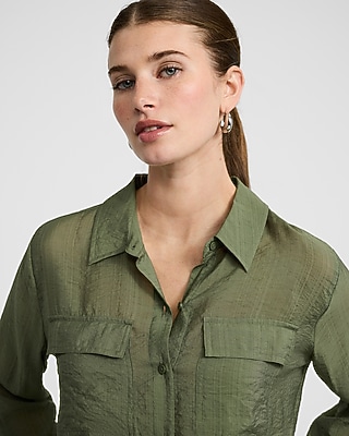 Crinkled Rayon Voile Rolled Sleeve Utility Portofino Shirt