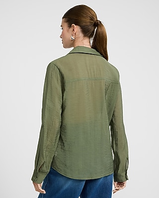 Crinkled Rayon Voile Rolled Sleeve Utility Portofino Shirt