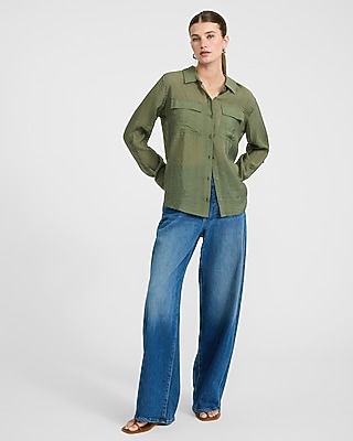 Crinkled Rayon Voile Rolled Sleeve Utility Portofino Shirt