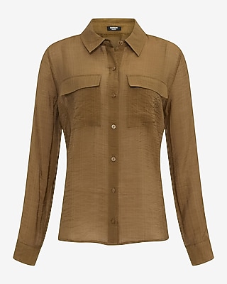 Crinkled Rayon Voile Rolled Sleeve Utility Portofino Shirt