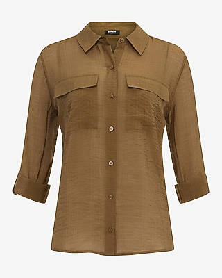 Crinkled Rayon Voile Rolled Sleeve Utility Portofino Shirt