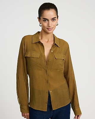 Crinkled Rayon Voile Rolled Sleeve Utility Portofino Shirt