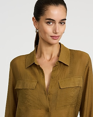 Crinkled Rayon Voile Rolled Sleeve Utility Portofino Shirt