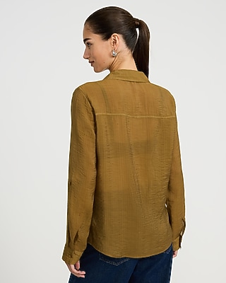Crinkled Rayon Voile Rolled Sleeve Utility Portofino Shirt