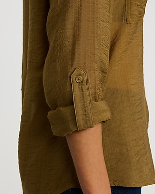 Crinkled Rayon Voile Rolled Sleeve Utility Portofino Shirt