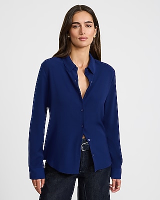 blue dress shirt for ladies Royal Silk - Fabulous Royal Silk Button-Down buttoned or unbuttoned or with cuffs rolled Women's Blue Shirts- Satin &