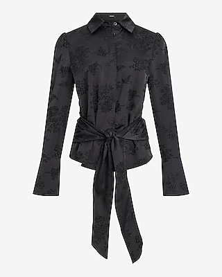 Floral  Embroidered Satin Flare Sleeve Tie Front Shirt