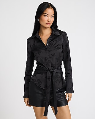 Floral  Embroidered Satin Flare Sleeve Tie Front Shirt