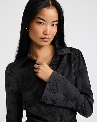 Floral  Embroidered Satin Flare Sleeve Tie Front Shirt