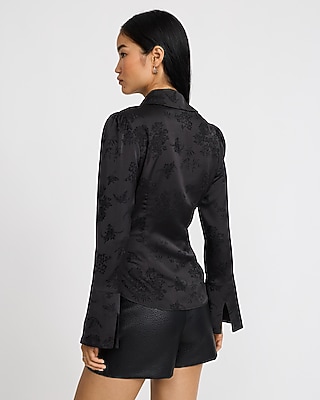 Floral  Embroidered Satin Flare Sleeve Tie Front Shirt