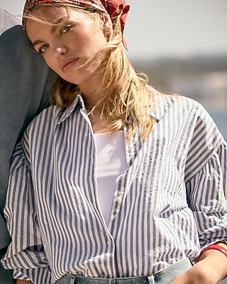 Striped Seersucker Balloon Sleeve Oversized Shirt