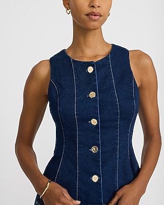 Stretch Denim Crew Neck Novelty Button Top