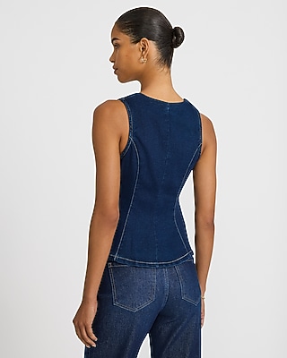 Stretch Denim Crew Neck Novelty Button Top