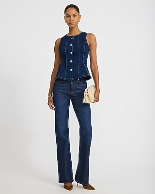 Stretch Denim Crew Neck Novelty Button Top