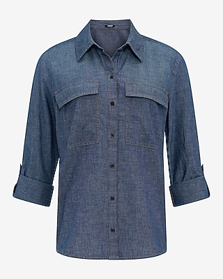 Denim Double Flap Pocket Rolled Sleeve Utility Portofino Shirt