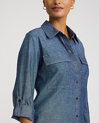 Denim Double Flap Pocket Rolled Sleeve Utility Portofino Shirt