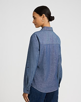 Denim Double Flap Pocket Rolled Sleeve Utility Portofino Shirt