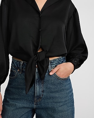 Satin Long Sleeve Tie Front Shirt