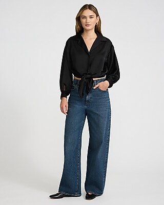Satin Long Sleeve Tie Front Shirt